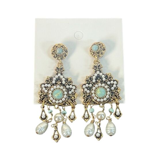 vtg Victorian revival antique gold pearl and jasper dangle earrings - Picture 5 of 8